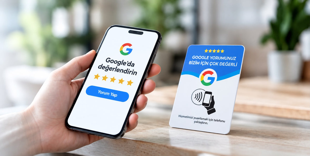 NFC li Google Yorum Kartı ve telefon